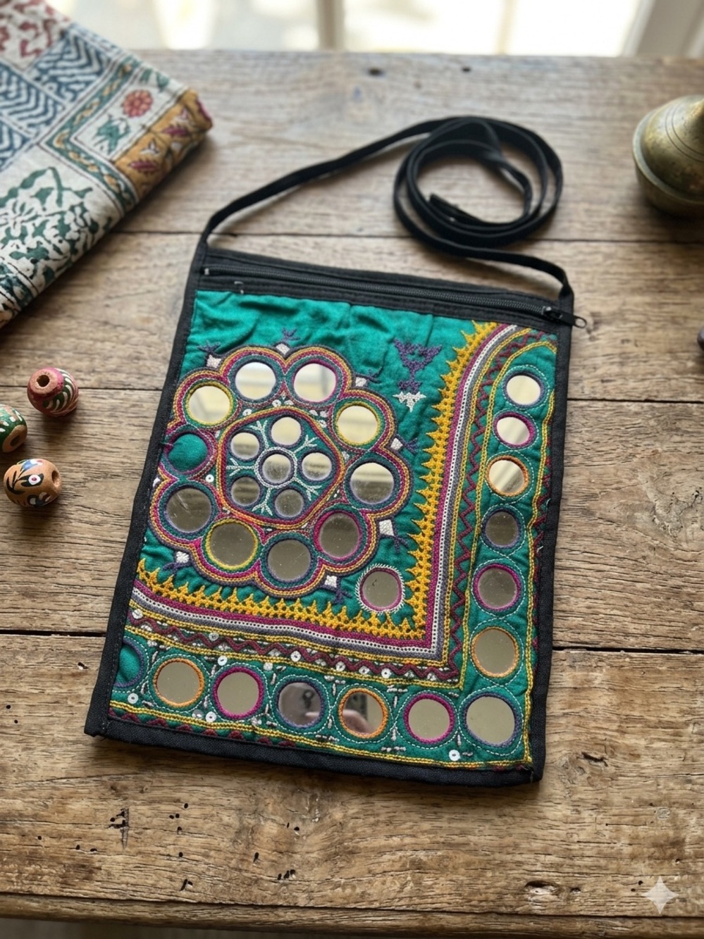 Embroidered Mirrorwork Teal Crossbody Bag
